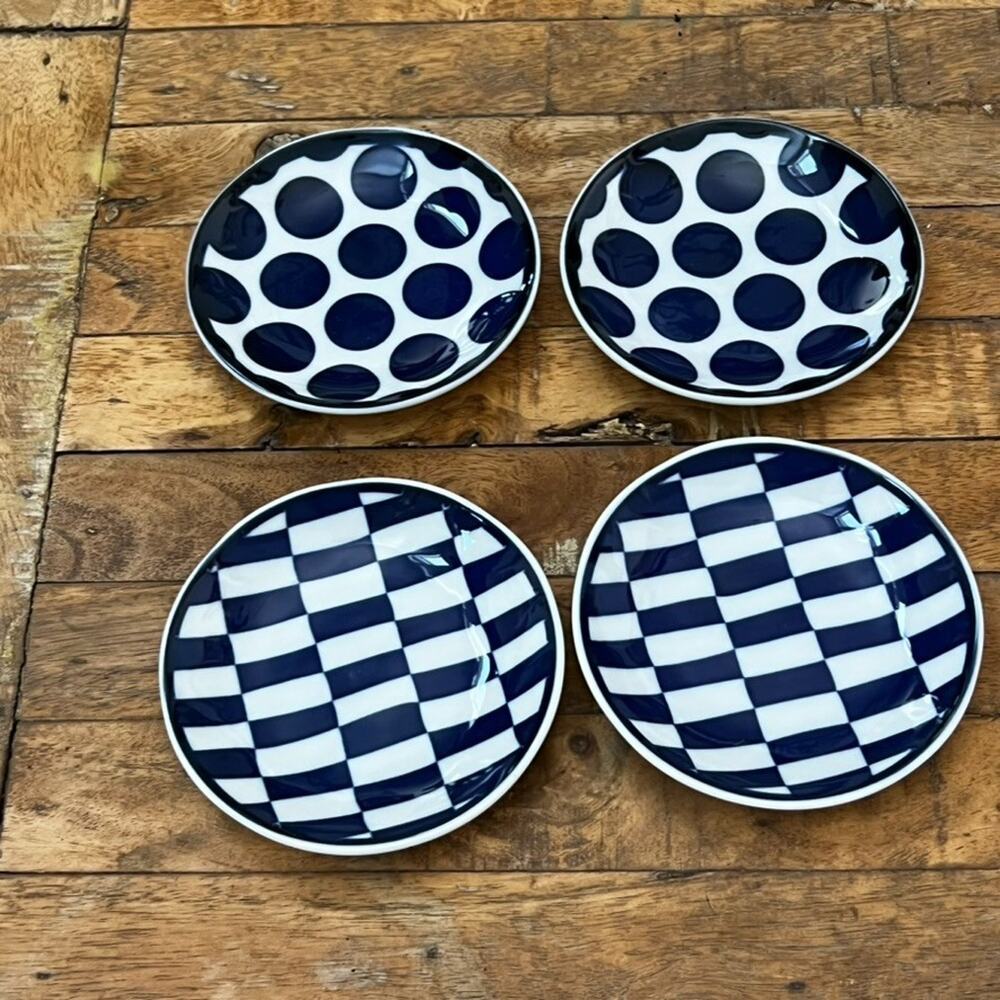 Round Checkered & Dotted Plate Set of 4 Ceramic Blue and White 4.7" Japan